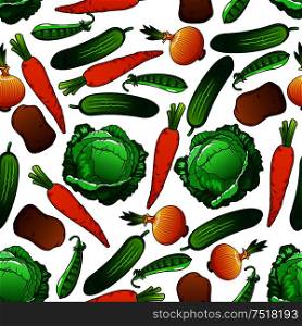 Healthy farm vegetables seamless pattern with crunchy carrot, cabbage, cucumber, sweet green pea, ripe potato and golden bulbs of onion vegetables. Organic farming and agriculture themes design. Fresh farm vegetables seamless pattern