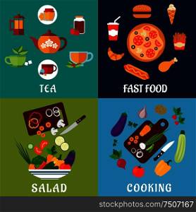 Healthy, fast food and drinks flat icons with salad, fresh vegetables, cups of tea with teapots, fast food menu with pizza, burger, hot dog, chicken leg, french fries, ice cream and soda . Healthy and fast food flat icons