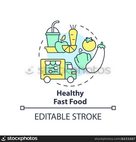 Healthy fast food concept icon. Takeout dishes. In demand small business idea abstract idea thin line illustration. Isolated outline drawing. Editable stroke. Arial, Myriad Pro-Bold fonts used . Healthy fast food concept icon