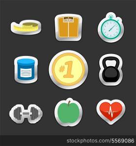 Healthy fitness lifestyle stickers set of weight scales diet apple dumbbells and heart isolated vector illustration