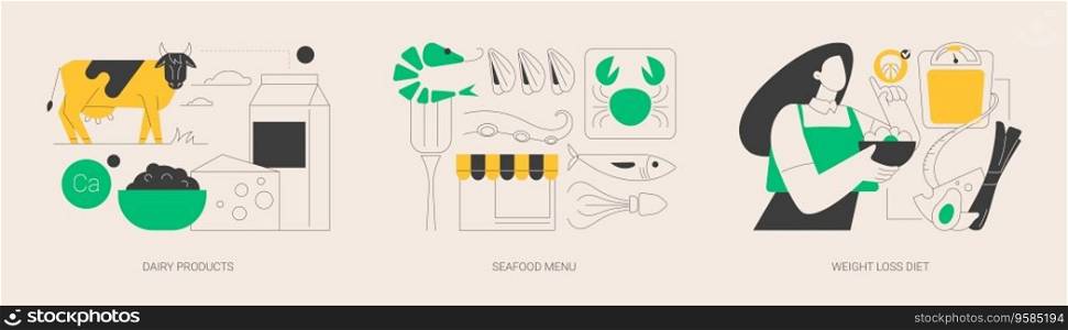 Healthy food abstract concept vector illustration set. Dairy products, seafood menu, weight loss diet, fermented milk, fish house, pescatarian, low-carb diet, drink water abstract metaphor.. Healthy food abstract concept vector illustrations.