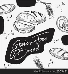 Healthy food and dieting, nutrition and nurturing, gluten free bread and spikelets. Wholegrain and crusty top. Promo banner, food advertisement. Monochrome sketch outline, vector in flat style. Gluten free bread, shop with healthy food vector