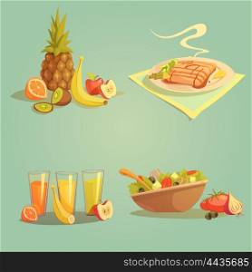 Healthy Food And Drinks Cartoon Set. Healthy food and drinks cartoon set with fruit juice and salad isolated vector illustration