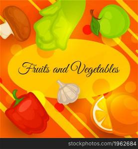 Healthy food and eating, nutrition and lifestyle. Fruits and vegetables for balanced dieting. Garlic and apple, orange fruit slice, mushroom and salads leaves for detox. Vector in flat style. Fruits and vegetables, ripe veggies healthy food