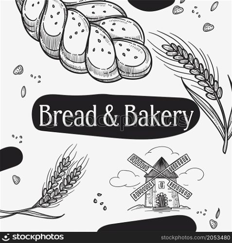 Healthy food and nutrition, bread and bakery. Assortment of ingredients for health and dieting. Promo banner, food advertisement. Monochrome sketch outline, vector in flat style illustration. Bread and bakery, shop or store with healthy food