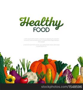Healthy food banner design. Variety of decorative green vegetables with grain texture on white background. Farmers market, Organic food poster or banner design. Vector illustration. Healthy food banner design. Variety of decorative green vegetables with grain texture on white background. Farmers market, Organic food poster or banner design. Vector illustration.