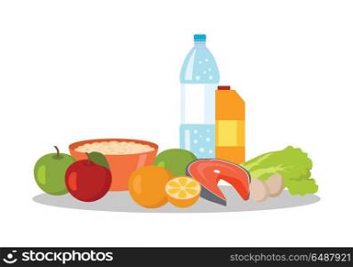 Healthy Food Banner Isolated on White Background.. Healthy food banner isolated on white background. Organic natural food. Consumption of high quality nourishment food. Part of series of promotion healthy diet and good fit. Vector illustration