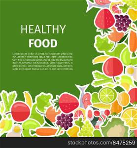 Healthy Food Banner with Fruits and Vegetables. Healthy food yummy berries, organic fruits and healthy vegetables vector illustration on green background. Poster with grocery products