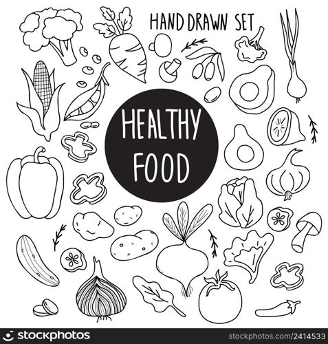 Healthy food. Big set of linear vector vegetables. Root vegetables and mushrooms, avocado and olives, tomato and corn, onion and garlic, cucumber and lemon. Isolated hand drawn doodles for design