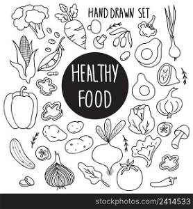 Healthy food. Big set of linear vector vegetables. Root vegetables and mushrooms, avocado and olives, tomato and corn, onion and garlic, cucumber and lemon. Isolated hand drawn doodles for design