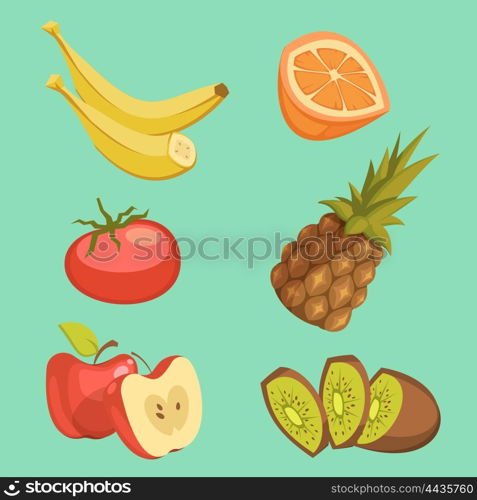 Healthy Food Cartoon Set. Healthy food cartoon set with pineapple and apple on green background isolated vector illustration