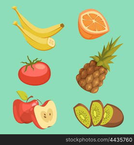 Healthy Food Cartoon Set. Healthy food cartoon set with pineapple and apple on green background isolated vector illustration