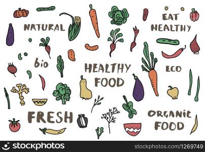Healthy food ccollection with lettering. Vegetable set in doodle style. Vector design illustartion.