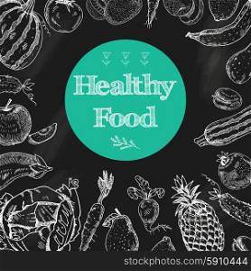 Healthy food chalkboard background. Healthy food diet blackboard background with fruits and vegetables arrangement in white chalk doodle abstract vector illustration
