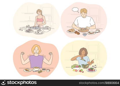 Healthy food, clean eating, diet, weight loss, nutrition, ingredients concept. Young positive people men and women cartoon characters eating healthy meals living healthy lifestyle. Wellness, bodycare . Healthy food, clean eating, diet, weight loss, nutrition, ingredients concept