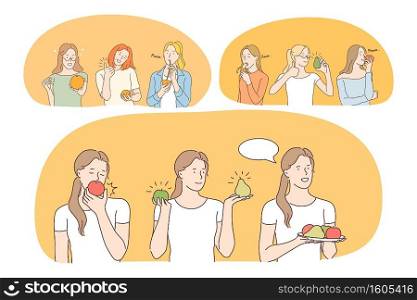 Healthy food, clean eating, fruits, diet, weight loss, nutrition concept. Young positive women cartoon characters eating fresh vegetables and fruits and drinking vitamin juices. Wellness, body care . Healthy food, clean eating, fruits, diet, weight loss, nutrition concept