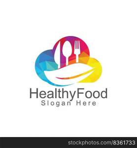 Healthy food cloud logo template. Organic food logo with spoon, fork, knife and leaf symbol. 