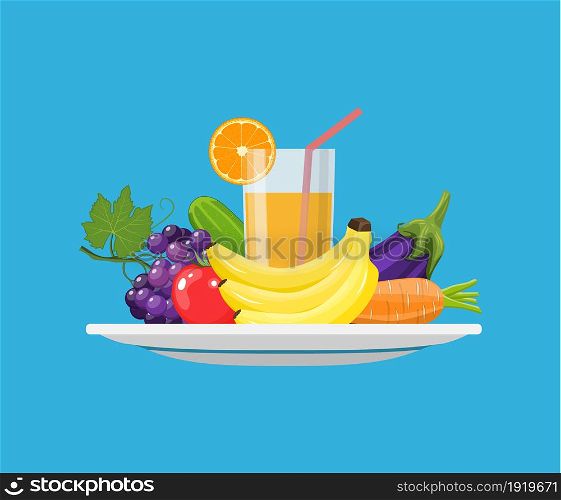 Healthy food concept. Food choice concept. fresh vegetables. Concept diet - plate with fruits and organic vegetables. Vector illustration in flat style. Food choice concept. fresh vegetables.