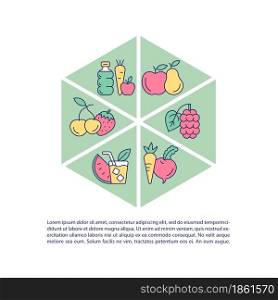 Healthy food concept line icons with text. PPT page vector template with copy space. Brochure, magazine, newsletter design element. Water content in fruits, vegetables linear illustrations on white. Healthy food concept line icons with text