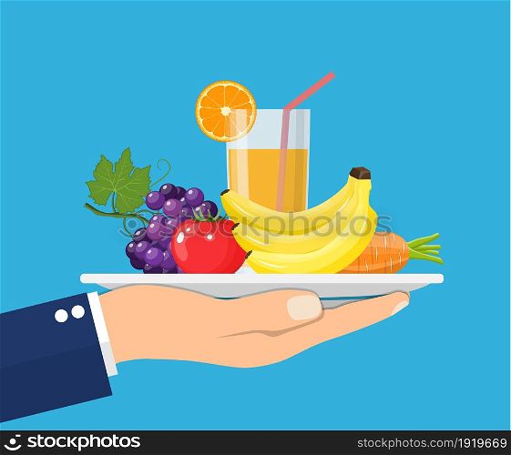 Healthy food concept. Man holds a tray of fresh vegetables, fruit and juice, symbol of a healthy diet. Veggie food, eat vitamins. Vector illustration in flat style. Healthy food concept.