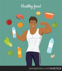 Healthy Food Concept. Sportive Man After Diet.. Healthy food concept. Sportive man after diet. Balanced nutrition, consumption of organic food. Fitness and sport, right way of life. Part of series of promotion healthy diet and good fit. Vector