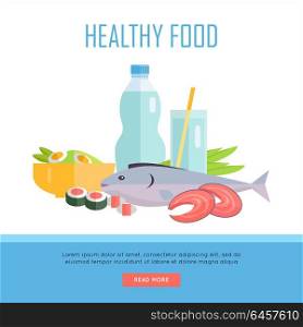 Healthy Food Concept Web Banner Illustration.. Healthy food concept web banner. Vector in flat design. Illustration of various food and drinks water, salmon fish steak, sushi, salad on white background for cafe, stores, gym web pages design.