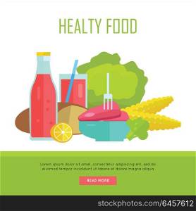 Healthy food concept web banner. Vector in flat design. Illustration of various food cabbage, corn, bread, lemon, broccoli, soda, meat on white background for cafe, stores, farm web pages design.. Healthy Food Concept Web Banner Illustration.