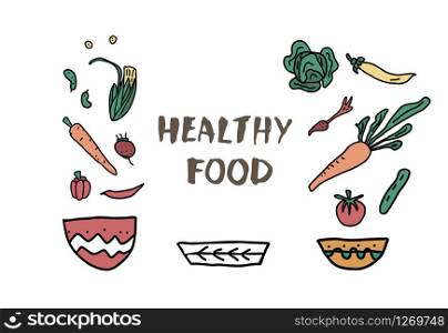 Healthy food concept with lettering. Salad ingredients. Vegetable set with plates in doodle style. Vector design illustartion.
