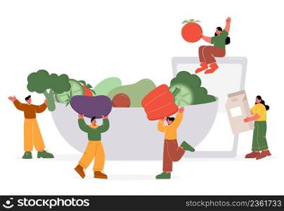 Healthy food concept with people carry vegetables to bowl. Vector flat illustration of men and women with organic local products, big fresh tomato, broccoli, eggplant, milk box and glass. Healthy food concept with people and vegetables
