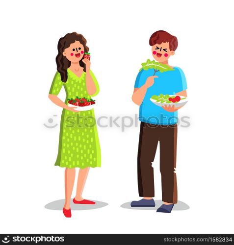Healthy Food Eating Boy And Girl Couple Vector. Fruit And Berry, Vegetable And Salad Healthy Food Eat Young Man And Woman. Characters And Healthcare Nutrition Flat Cartoon Illustration. Healthy Food Eating Boy And Girl Couple Vector