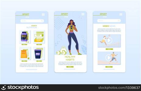 Healthy Food, Fitness, Sport, Diet Mobile App Set. Smart Training, Dietary Menu Compilation Application. Service Sports Nutrition Order, Sportive News and Outdoor Exercises Review. Onboard Screens Kit