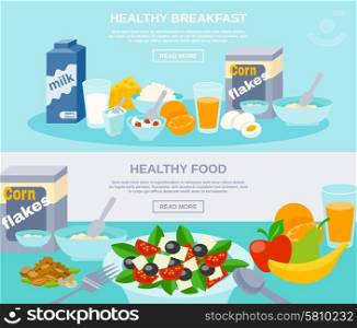 Healthy Food Flat Banner Set . Healthy meal breakfast and food fruit dairy and nature products flat horizontal banner set isolated vector illustration
