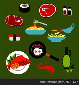 Healthy food flat icons of sushi roll and nigiri, pasta and spaghetti with sauce, raw beef steaks, grilled fish, shrimp, fried eggs with sausages, olive oil bottle, salt and pepper