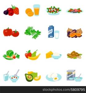 Healthy food flat icons set with fish steak greek salad organic milk isolated vector illustration. Healthy Food Flat Icons Set