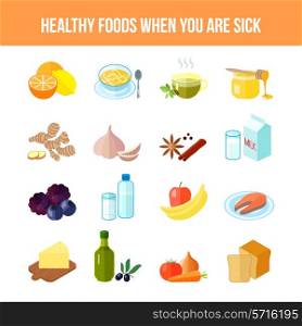 Healthy food for sick people flat icon set with lemon soup tea honey isolated vector illustration