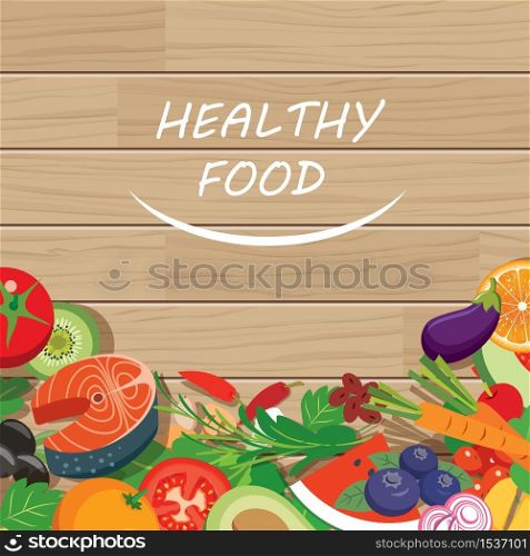 healthy food frame on wood table