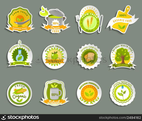 Healthy food from ecological organic naturally grown high quality fresh products stickers set abstract isolated vector illustration. Natural organic food brands stickers set