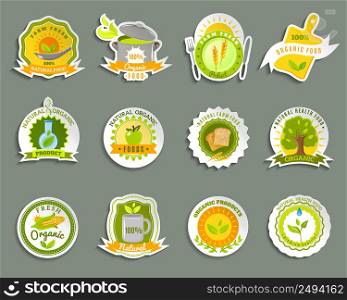 Healthy food from ecological organic naturally grown high quality fresh products stickers set abstract isolated vector illustration. Natural organic food brands stickers set
