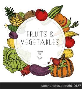 Healthy food fruits vegetables frame. Decorative colorful frame of healthy organic fruits and vegetables arranged in circle background banner abstract vector illustration