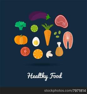 Healthy food icons. Healthy eating vector concept. Beef steak, chicken leg, salmon steak, mushrooms, olives, egg, eggplant, broccoli and other vegetables in flat style.