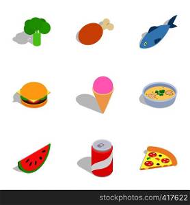 Healthy food icons set. Isometric 3d illustration of 9 healthy food vector icons for web. Healthy food icons, isometric 3d style