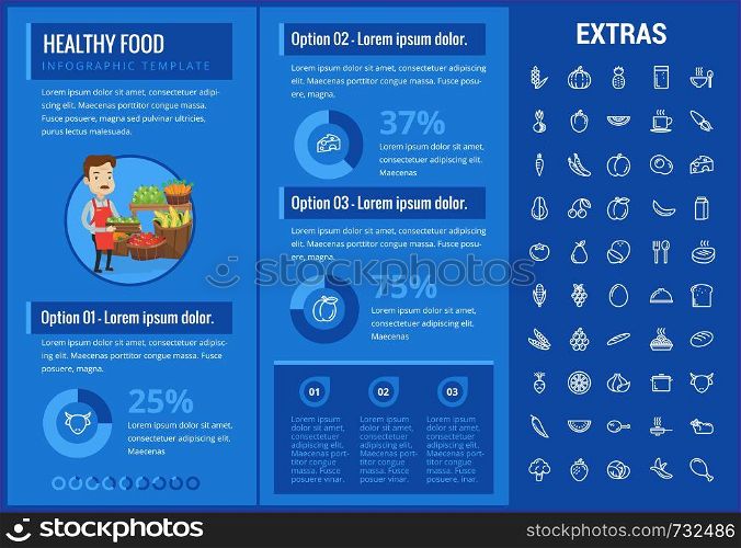 Healthy food infographic template, elements and icons. Infograph includes customizable graphs, charts, line icon set with food plate, restaurant meal ingredients, eat plan, fish, vegetables, meat etc.. Healthy food infographic template, elements, icons
