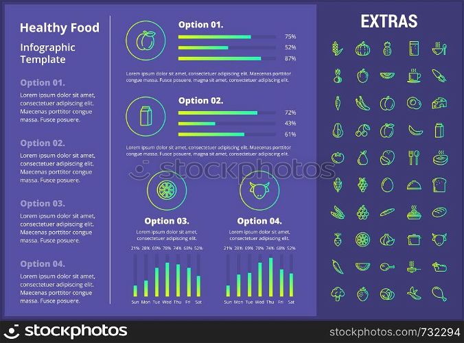 Healthy food infographic template, elements and icons. Infograph includes customizable graphs, four options, line icon set with food plate, restaurant meal ingredients, eat plan, vegetables, meat etc. Healthy food infographic template, elements, icons