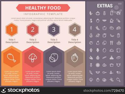 Healthy food infographic timeline template, elements and icons. Infograph includes numbered options, line icon set with food plate, restaurant meal ingredients, eat plan, fish, vegetables, meat etc. Healthy food infographic template, elements, icons