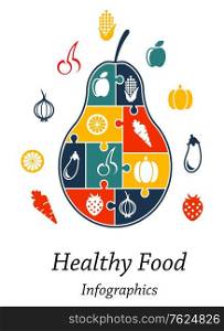 Healthy food infographics with the outline fresh puzzle pear containing icons for a carrot, orange, onion, cherries, corn, apple, lemon, pumpkin, pepper, eggplant and strawberry. Healthy food infographics