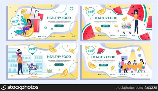 Healthy Food Landing Page Set. Shopping Online Offer. Ordering, Buying and Paying Organic Products via Computer or Phone. Culinary for Healthcare. Vector Illustration with Flat Fruit Design. Healthy Food Landing Page Set for Shopping Online