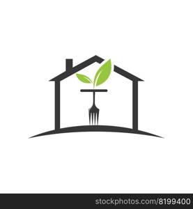 Healthy food logo template. Home with fork and leaf symbol. 