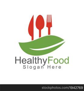 Healthy food logo template. Organic food logo with spoon and leaf symbol.