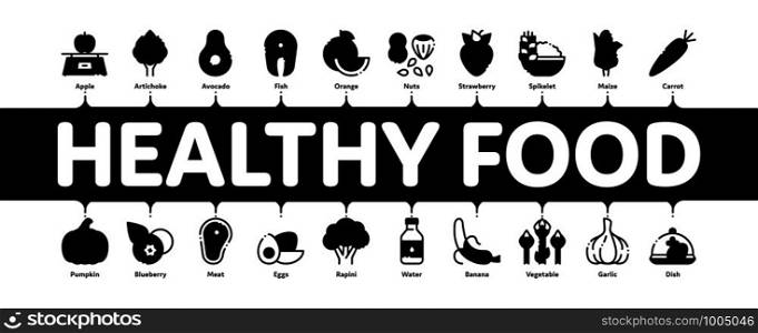 Healthy Food Minimal Infographic Web Banner Vector. Vegetable, Fruit And Meat Healthy Food Linear Pictograms. Strawberry And Orange, Blueberry And Pumpkin, Eggs And Fish Contour Illustrations. Healthy Food Minimal Infographic Banner Vector