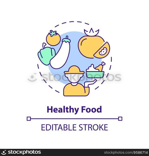 Healthy food multi color concept icon. Eating habit. Locally grown. Organic farming. Sustainable agriculture. Farmer market. Round shape line illustration. Abstract idea. Graphic design. Easy to use. Healthy food multi color concept icon